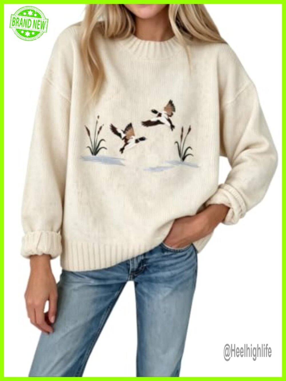 KevaMolly Crew Neck Duck Embroidery Loose Knit Pullover Sweater